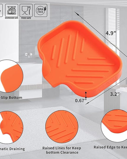 Silicone Bathroom Soap Dishes with Drain Spout-Bathroom and Kitchen Sink Organizer,Sponge Holder,Dish Soap Tray,Perfect for Dispenser,Scrubber,Bottle,Cup on Sink or Counter-Orange 4.9"×3.2"