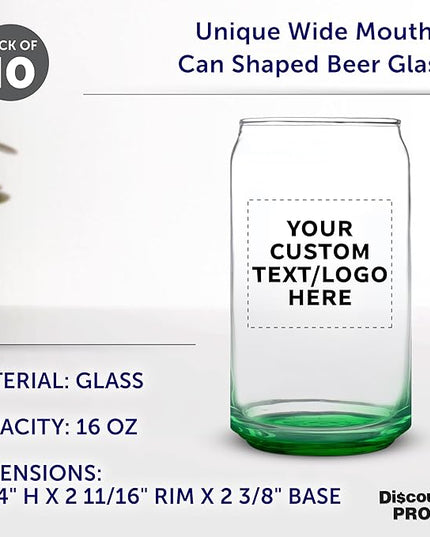 Custom Beer Can Glasses Set of 10, 16 oz. Pint Sized, Promotional Text, Logo, Soda Can Shape, Glassware, Green