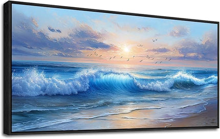 XIGUANGART Canvas Wall Art For Living Room Blue Sea Wave and Large Coastal Beach Paintings Sunrise Seascape Pictures Artwork Ocean Home Decorations Wall Decor for Bedroom Bathroom Hallway Office