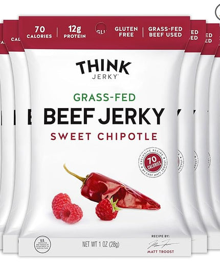 Think Jerky Sweet Chipotle Beef Jerky, Grass-Fed High Protein Beef, Gluten Free, No Antibiotics or Nitrates, Healthy Chef Crafted Recipe, Low Calorie and Low Fat - 1.0 oz Bags, 8 Pack