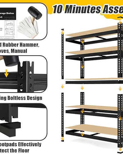 71"H x 35.5"W x 16"D 5-Tier Metal Storage Shelves: Heavy Duty Garage Shelving Adjustable Shelves for Storage - Black Utility Rack Shelf for Pantry, Warehouse, Closet, Office, Kitchen