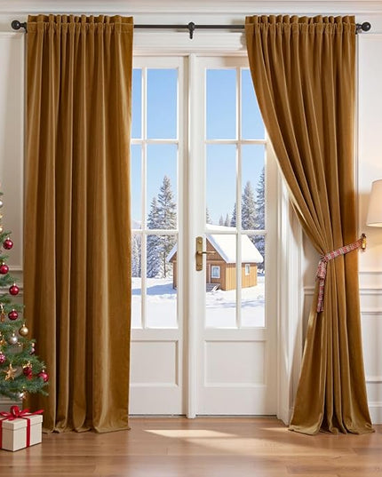 Lazzzy Velvet Blackout Curtains Thermal Insulated Room Window Drapes Super Soft Luxury Curtains for Living Room Bedroom Rod Pocket 2 Panels, Gold Brown, 52" W x 84" L