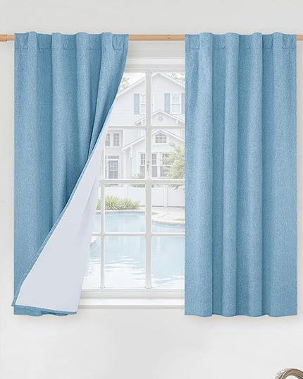 LAMIT Linen 100% Blackout Window Curtains for Bedroom, 45 Inches Linen Textured Thermal Farmhouse Curtains Back Tab and Rod Pocket Window Panels with White Liner, 2 Panels, 38 x 45 Inch, Blue