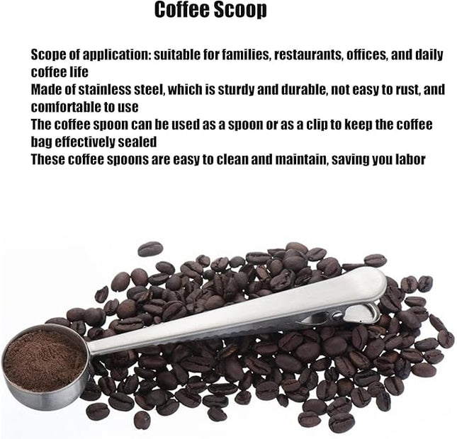 FLEXMAN Coffee Scoop with Clip, 2 in 1 Modern Design Stainless Steel Teaspoon Scoop, Sealing Function Spoon for Home, Restaurant, Office, Daily Coffee Life