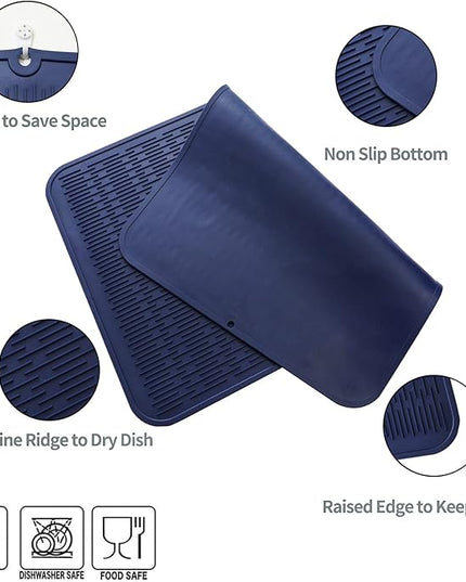 Silicone Dish Drying Mat for Multiple Usage,Easy clean,Eco-friendly,Heat-resistant Silicone Mat for Kitchen Counter or Sink,Refrigerator or Drawer Liner Navy Blue 3XL 28 inches x 18 inches