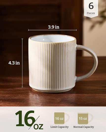 famiware Coffee Mug Set for 6, Star 16 oz Catering Mugs Cup Set with Handle for Coffee, Tea, Cocoa, Milk - Ceramic Stoneware Drinkware Set, Cappuccino White