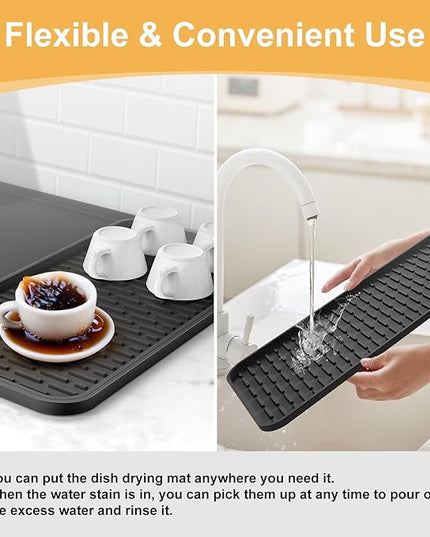 Silicone Coffee Mat, 24''x16'' Bar Mat with Detachable Dish Drying Mat - Fits Under Coffee Maker & Dish Rack