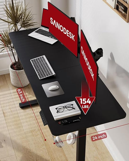 SANODESK Electric Standing Desk 63x24 Inch Height Adjustable Stand Up Desk Home Office Computer Workstation Sit Stand Home Office Desk with Splice Board (Black Frame + Black Top)