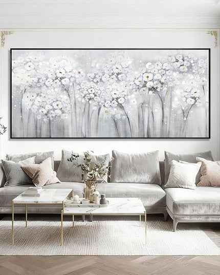 Flower Wood Wall Decor White Wall Art Textured Canvas Painting 32"x70" Decorative Pictures for Bedroom Kitchen Large Artwork