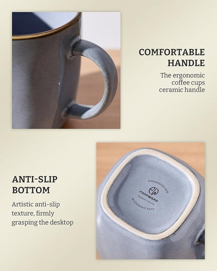 famiware Coffee Mugs Set of 4, Ocean Square 13oz Coffee Cup Set with Handle for Cocoa, Milk, Hot Chocolate, Tea, Water, Stoneware Cups for Kitchen, Microwave and Dishwasher Safe, Blue
