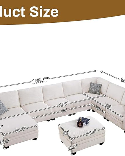 Legend Vansen Sectional Couches for Living Room,L-Shaped Corduroy Sofa with Ottoman for Living Room,Bedroom and Apartment (Cream, U-9)