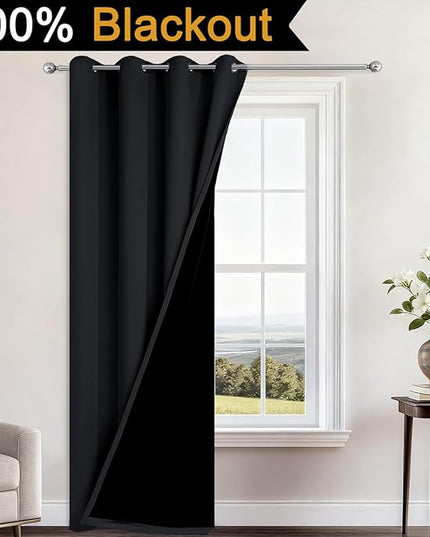 Yakamok 100% Blackout Curtains 96 Inches Long, 2 Thick Layers Heat and Full Light Blocking Soft Thermal Insulated Drapes for Bedroom(52" Wide Each Panel, Black, 1 Panel)