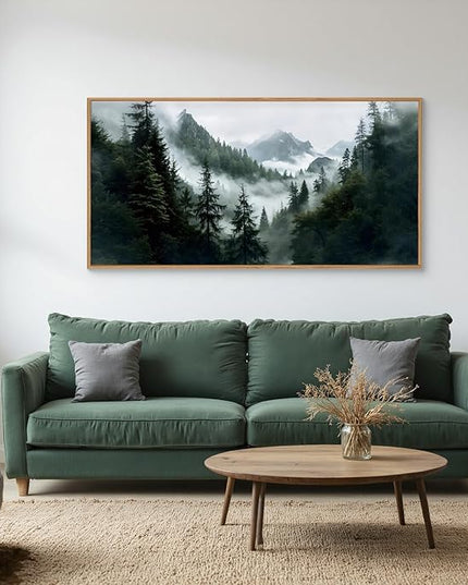 HOURIA Boho Forest Mountain Framed Canvas Wall Art Set,Nature Foggy Woodland Ridge Wall Decor,Misty Pine Tree Artwork,Sage Green Botanical Art Prints for Living Room, Bedroom, Farmhouse- 20"×40"×1