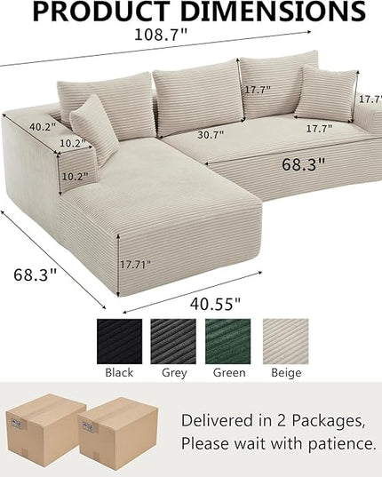 PELUMY 108.7" L-Shaped Modular Sectional Sofa with Oversized Chaise, Cloud Couch with Memory Foam, No Assembly Required Sleeper Sofa for Small Space Living Room, Apartment (Beige, Corduroy)