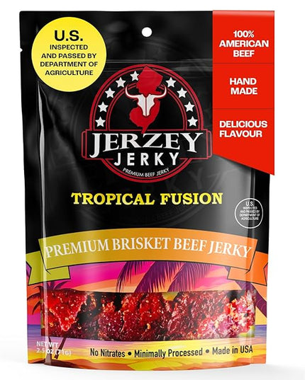 Jerzey Jerky Tropical Fusion Brisket Jerky 2.5oz – High Protein, Gluten Free and Healthy Beef Snacks with Rich, Authentic Flavor