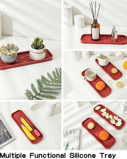 Silicone Kitchen Sink Organizer Tray for Multiple Usage,Eco-Friendly Sponges Holder for Kitchen Bathroom Counter or Sink,Dish Soap Dispenser,Scrubber,Bottle,Cup (Red, 12"×4")