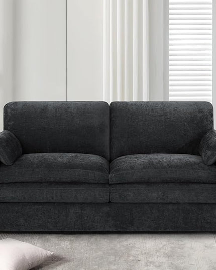 69" Chenille 2 Seats Sofa with 2 Pillows, Modern Upholstered Sofa with Deeper Seats, Comfy Sofa with Thickened Cushions for Living Room, Apartment, Black