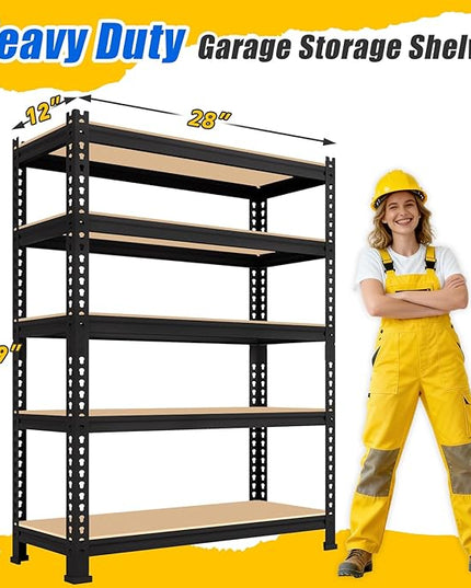 5-Tier Metal Storage Shelves: Heavy Duty Garage Shelving Adjustable Shelves for Storage - Black Utility Rack Shelf for Pantry, Warehouse, Office, Kitchen, 28" W x 12" D x 59" H, 3PCS