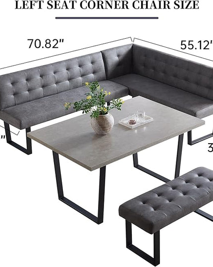 3 Piece Dining Table Set with Bench, 42.9 Inch Modern Kitchen Table with Left Seat Corner and 43.3 Inch Bench for Family Dining Room Furniture