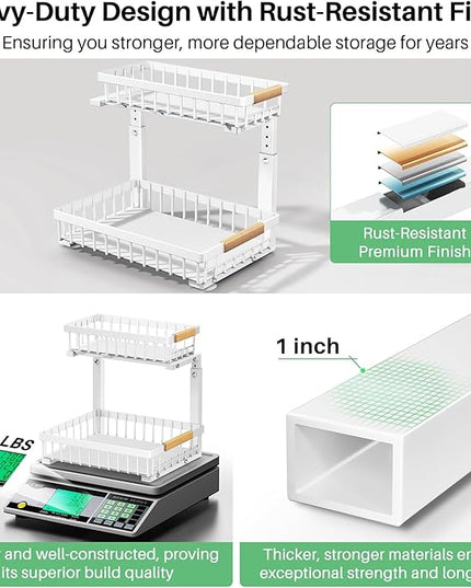 Under Sink Organizer, 2 Packs 2 Tier Under Sink Organizers and Storage, Slide out Pull out Cabinet Organizer Shelf, Metal Sliding Drawer for Kitchen Bathroom Pantry Closet Rack(White)