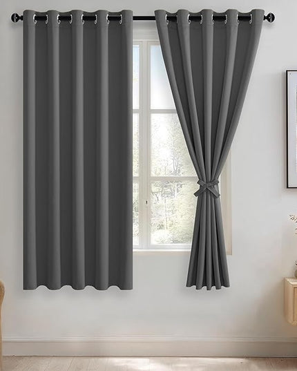 JIUZHEN Dark Grey Blackout Curtains with Tiebacks Thermal Insulated, Light Blocking and Noise Reducing Grommet Curtains for Bedroom and Living Room, Set of 2 Window Curtain Panels, 60 x 63 Inch Length