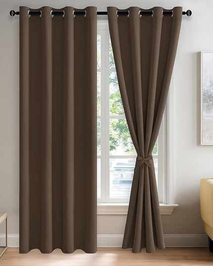 JIUZHEN Blackout Curtains with Tiebacks - Thermal Insulated, Light Blocking and Noise Reducing Grommet Curtain Drapes for Bedroom and Living Room, Set of 2 Panels, Brown, 52 x 84 Inch Length