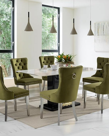 SoarFlash Velvet Dining Chairs Set of 4, Tall Back Side Chair, Modern Upholstered Side Chair with Button Back Ring, Silver Plated Stainless Steel Legs (Olive Green)