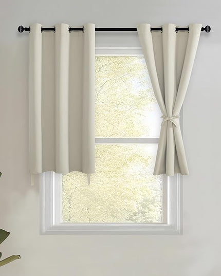 JIUZHEN Short Curtains Kitchen Half Window Blackout Curtains with Tiebacks for Baseroom Shadows, Grommet Curtains for Living Room, Set of 2 Window Curtain Panels, 42 x 36 Inch Length，Ivory