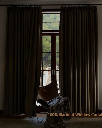 Textured Linen Pencil Pleats 100% Blackout Curtains for Bedroom/Living Room Blackout Curtains 63 Inches Long, Energy Saving Window Treatment Curtains,120Wx63Lx2, Rust Brown