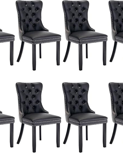 SoarFlash Leather Dining Chairs Set of 8, Tall Back Side Chair, Modern Upholstered Side Chair with Button Back Ring, Solid Wood Legs (Black&Grey)