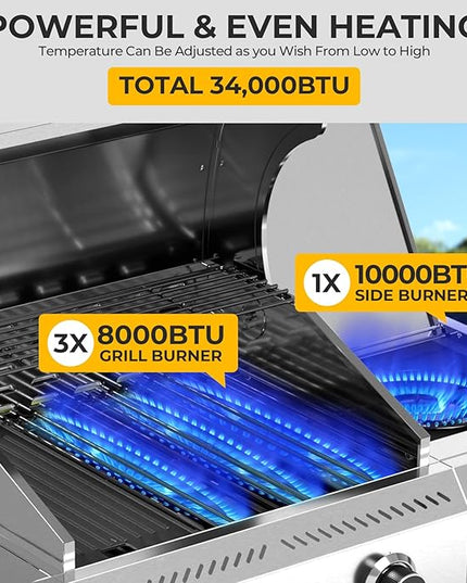 3-Burner Propane Gas Grill with Side Burner – 34,000 BTU Stainless Steel Outdoor BBQ Grill, Cast Iron Grates, Portable with Wheels for Patio, Camping