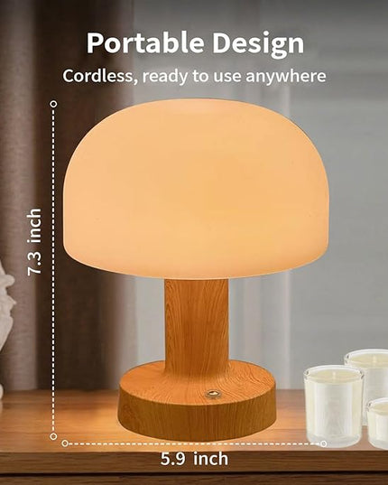 Mushroom Operated Table Lamp 3000mAh Cordless Rechargeable, Touch Dimmable Desk Lamp, LED Night Light for Patio Camping Restaurant Home, H7.3in, Wood Grain