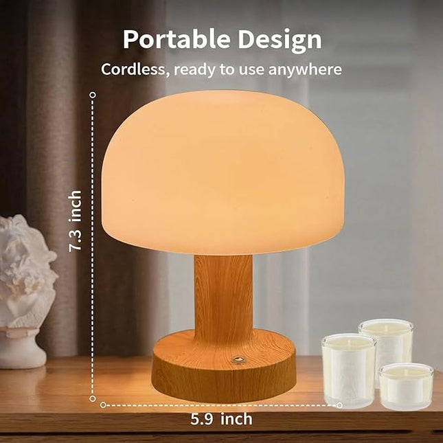 Mushroom Operated Table Lamp 3000mAh Cordless Rechargeable, Touch Dimmable Desk Lamp, LED Night Light for Patio Camping Restaurant Home, H7.3in, Wood Grain