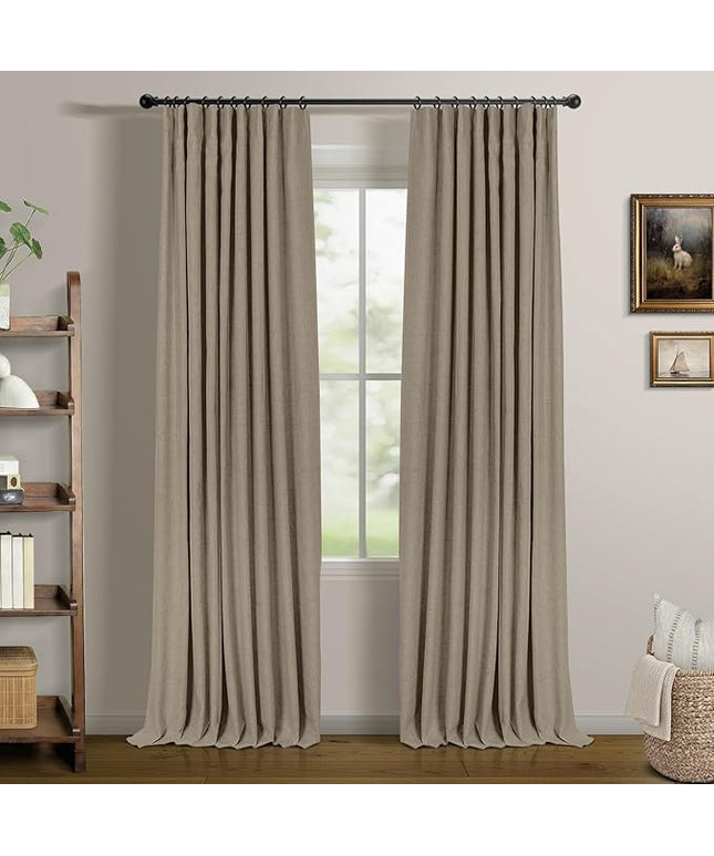 INOVADAY 100% Blackout Curtains for Bedroom, Black Out Curtains 108 Inch Long, Clip Rings Linen Blackout Drapes, Thermal Insulated Room Darkening for Living Room, 2 Panels - Earthy Beige,W50xL108