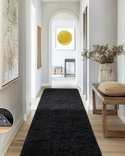 Ophanie Runner Rug for Hallway, 2x6 Bedroom Black Runner Rugs, Non Slip Fluffy Soft Shaggy Bedside Carpet for Kids Girls Boys Home Decor Aesthetic, Dorm Nursery