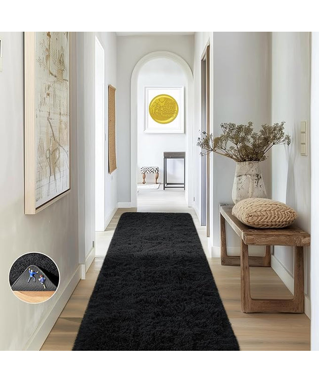 Ophanie Runner Rug for Hallway, 2x6 Bedroom Black Runner Rugs, Non Slip Fluffy Soft Shaggy Bedside Carpet for Kids Girls Boys Home Decor Aesthetic, Dorm Nursery