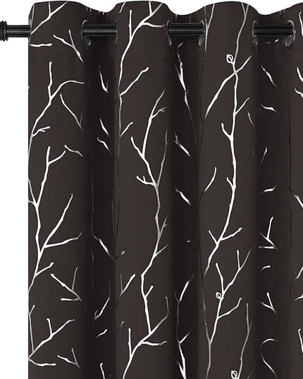 BUHUA Tree Branch Silver Curtains - 72 Inch Length Thermal Insulated, Darkening & Blackout for Living Room & Bedroom, 2 Panel Set, 52W x 72L, Brown