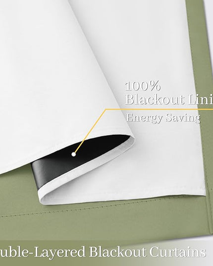 Yakamok 100% Blackout Curtain Panels 63 inches Cold and Light Blocking Drapes for Nursery, 2 Thick Layers Thermal Insulated Draperies (2 Pieces, 50 Wide Each Panel, Sage Front with White Backing)