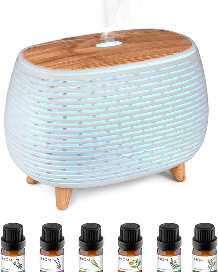HOM Smart Aromatherapy Diffuser Set with 6 Essential Oils (10ml Each) - 400 ml Ultrasonic Essential Oil Diffuser with 7 Interchangeable LED Colors - Set Schedule and Customize Mood via Phone App