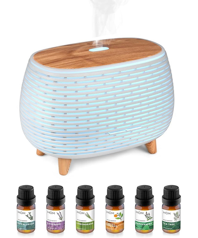 HOM Smart Aromatherapy Diffuser Set with 6 Essential Oils (10ml Each) - 400 ml Ultrasonic Essential Oil Diffuser with 7 Interchangeable LED Colors - Set Schedule and Customize Mood via Phone App