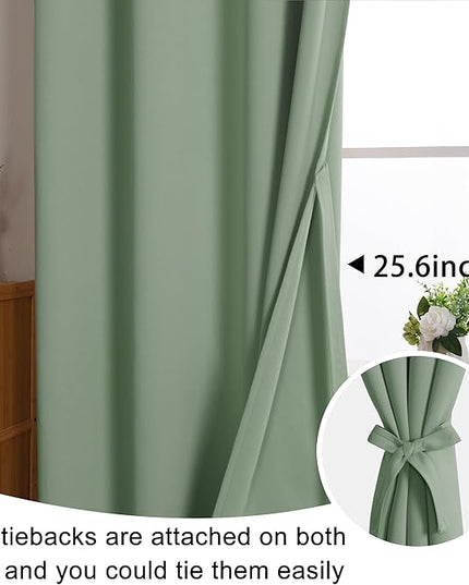 JIUZHEN Light Sage Blackout Curtains with Tiebacks Thermal Insulated, Light Blocking and Noise Reducing Grommet Curtains for and Living Room, Set of 2 Window Curtain Panels, 52 x 45 Inch Length