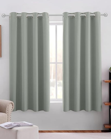 HOMEIDEAS Greyish Green Blackout Curtains for Bedroom 52 X 63 Inch Length 2 Panels Set Room Darkening Bedroom Curtains, Soundproof Thermal Grommet Window Curtains for Living Room