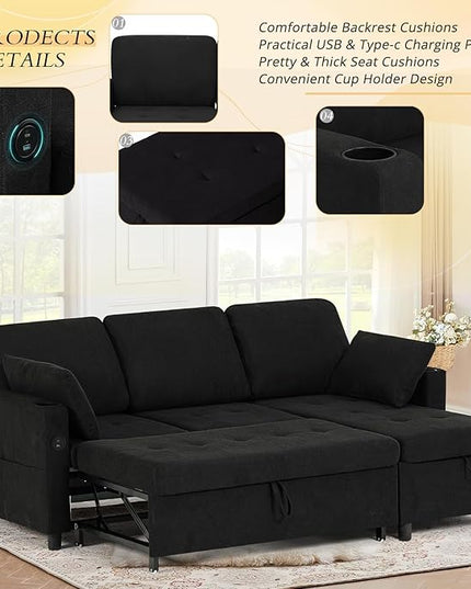 84" Sectional Pull Out Sofa Bed with Adjustable Backrests, L-Shaped Sleeper Sofa with USB Ports, Upholstered Reversible Couch with Cup Holder & Storage Space for Living Room, House, Black