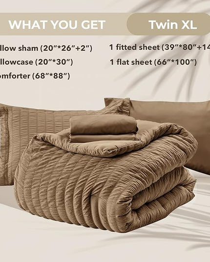 HYMOKEGE Brown Twin XL Comforter Set Seersucker 5 Pieces, All Season Luxury Bed in a Bag for Bedroom, Bedding Set with Comforter, Sheets, Pillowcase & Sham