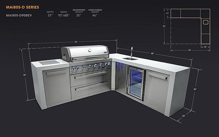 Mont Alpi MAi805-D90BEV L-shaped 6-Burner 115000 BTU Premium Deluxe Modular Stainless Steel Outdoor Kitchen Island BBQ Gas Grill + Beverage Center + Granite Countertops + Grill Cover + Rotisserie Kit