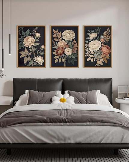 HOURIA Large Moody Dark Flower Framed Canvas Wall Art,Retro Beige Red Peony Wall Decor,Vintage Textured Blossom Botanical Artwork,Natural Wildflower Art Print for Living Room,Bedroom,Office-24 x36 x3