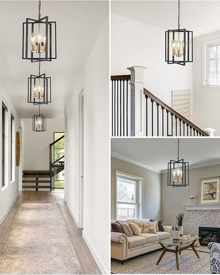 Black Gold Chandelier for Dining Room, Modern Farmhouse 3 Light Entryway Pendant Light Fixture Adjustable Geometric Industrial Rustic Foyer Light for Living Room Kitchen Island Hallway Bedroom