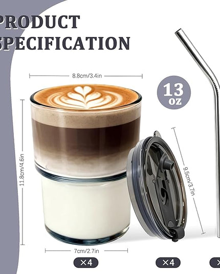 4 Packs Glass Tumbler with Lid and Straw Ice Coffee Cup Kitchen Gadgets Seller Apartment Essentials New Home Must Haves Things Stuff Accessories House Warming Housewarming Hostess Host First Gift