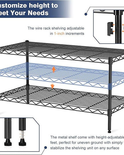 2-Tier Wire Shelving Unit,36" Wx18 Dx19.5 H,Wire Shelves Rack with Lockable Wheels,2 Shelf Height Adjustable Metal Storage for Living Room,Kitchen,Pantry,Closet,Office,Laundry