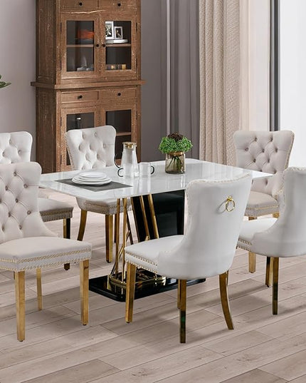 SoarFlash Velvet Dining Chair Set of 4, Upholstered Tufted Dining Room Chair with Nailhead Trim, Solid Gold Plated Leg for Kitchen (Beige)